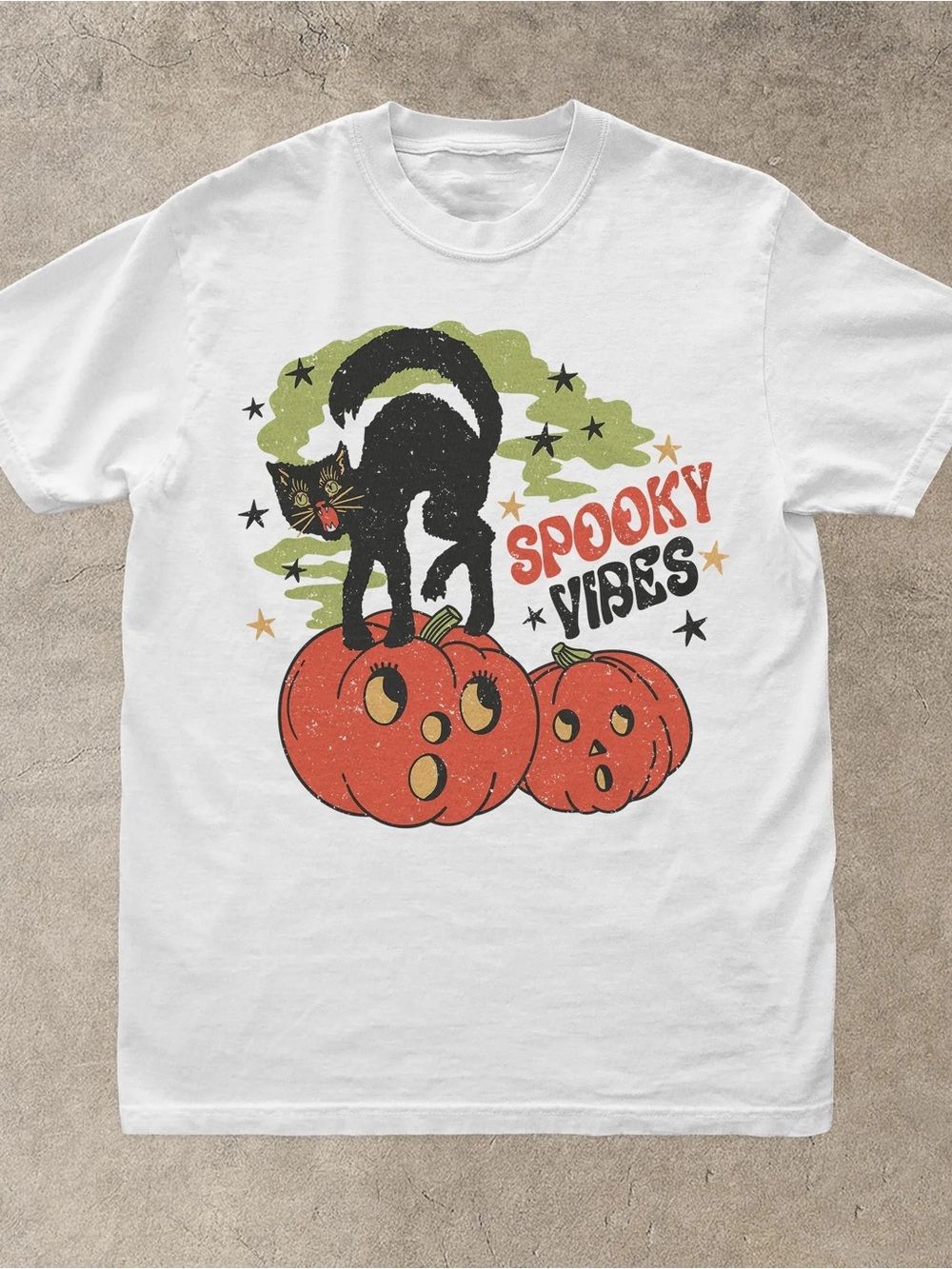 Spooky Vibes Halloween Cat Pumpkin Tee - White Unisex
